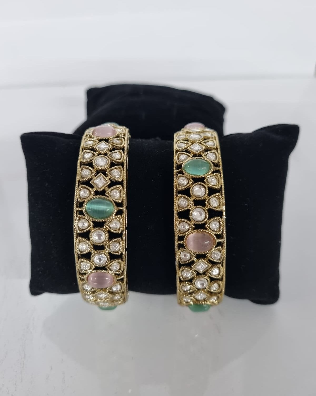 Pastel Mint & Pink Dual Kundan Bangles Set